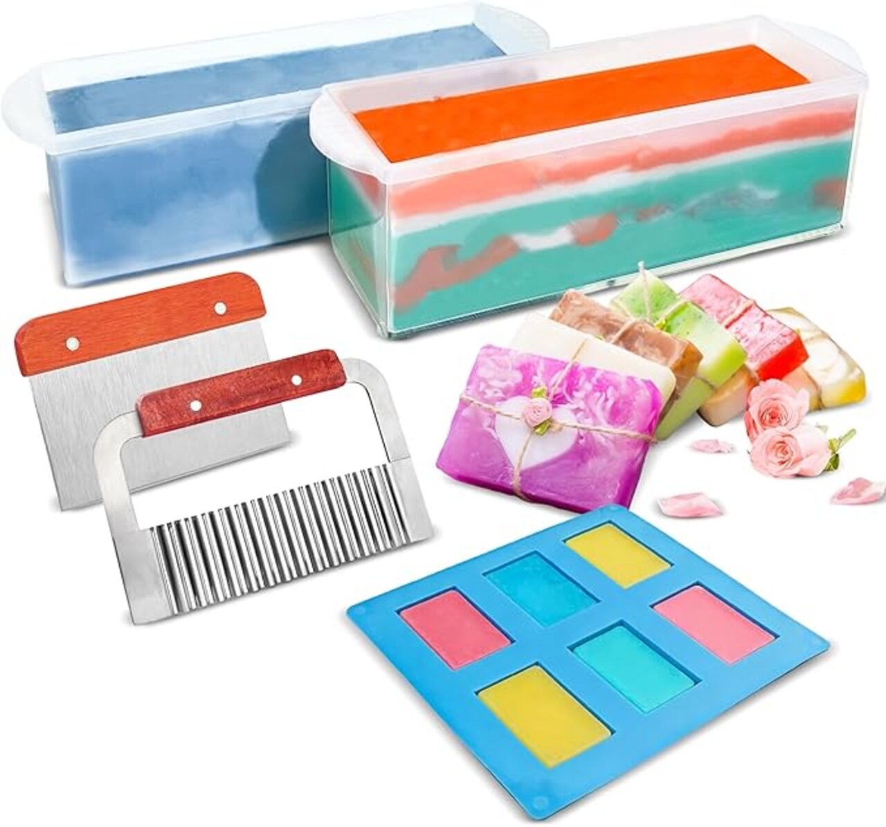 3 PCS Transparent Soap Loaf Molds with Cutters, 2 x 42 oz Clear Silicone Soap Molds with Wavy & Straight Scraper and Rectangle Soap Mold for Cold Process & Melt and Pour Soap Making